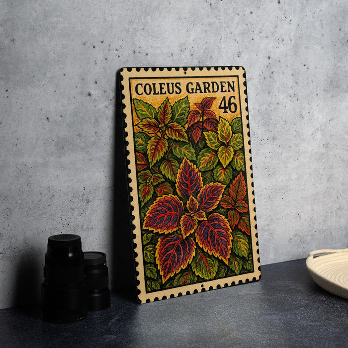 A framed print of a postage stamp from Coleus Garden 46, featuring a vibrant illustration of colorful leaves and flowers.