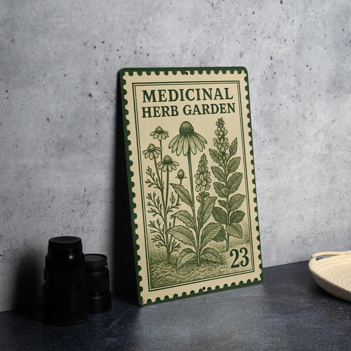 a metal sign with a green border and the text "MEDICINAL HERB GARDEN" printed on it, along with illustrations of various herbs and flowers. The sign is placed on a table next to a stack of black camera lenses and a white plate.