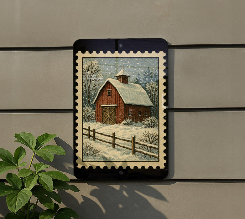 A framed painting of a red barn with a snowy landscape in the background is displayed on a wall, with a plant to the left.