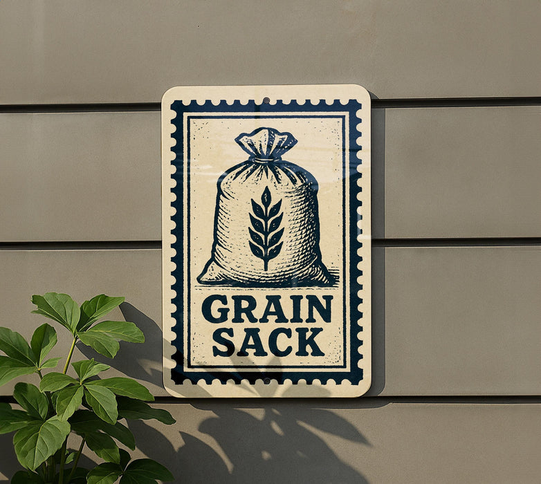 a sign with the text "Grain Sack" and an illustration of a bag of grain.