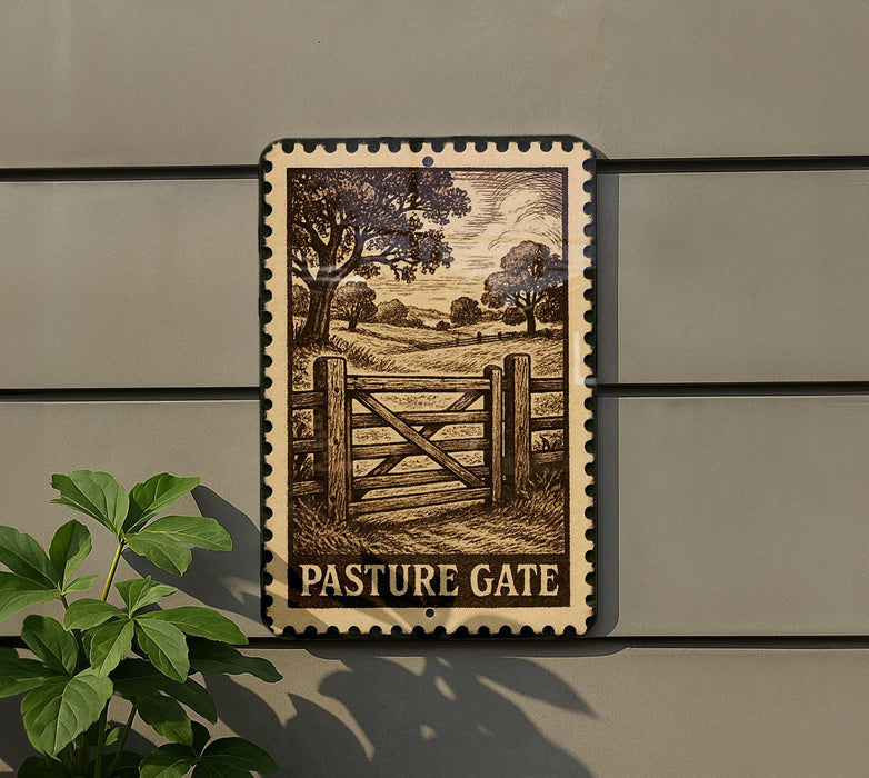 a metal sign with a wood fence and trees, mounted on a wall.