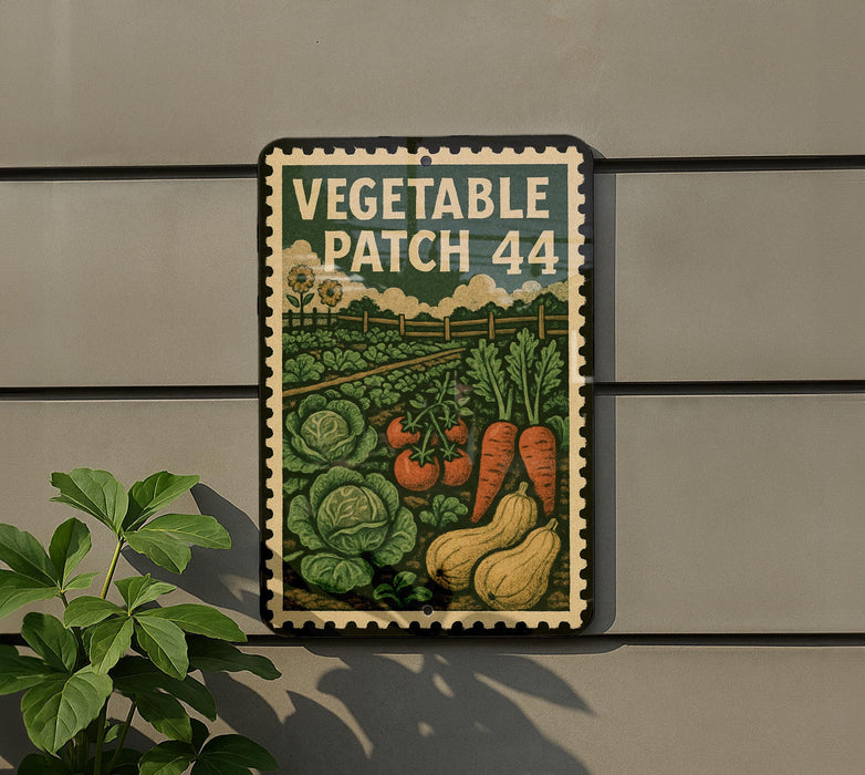 A vintage-style metal sign with a colorful illustration of vegetables, including carrots, tomatoes, and lettuce, mounted on a wall.