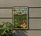 A vintage-style metal sign with a colorful illustration of vegetables, including carrots, tomatoes, and lettuce, mounted on a wall.