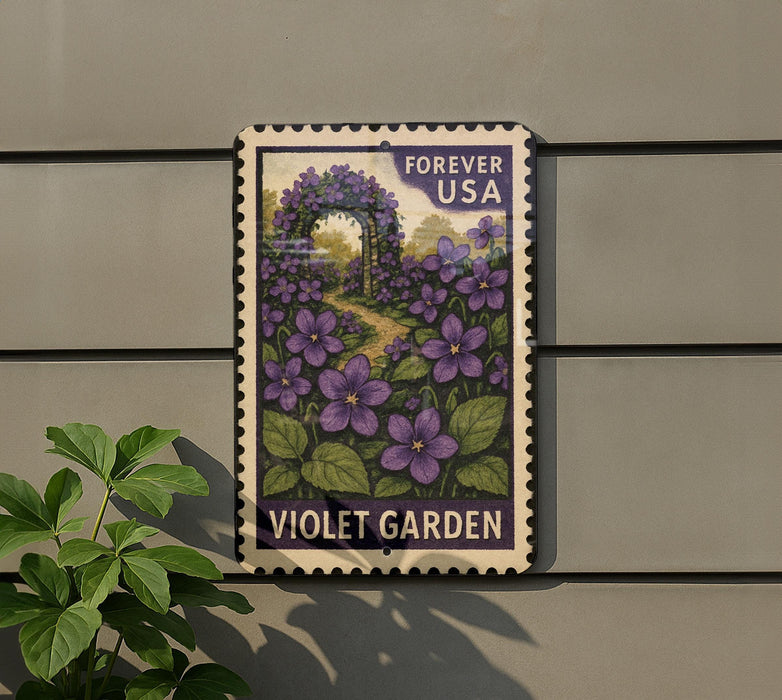A vintage Forever USA postage stamp featuring a purple garden scene with purple flowers and green leaves, mounted on a gray wall.