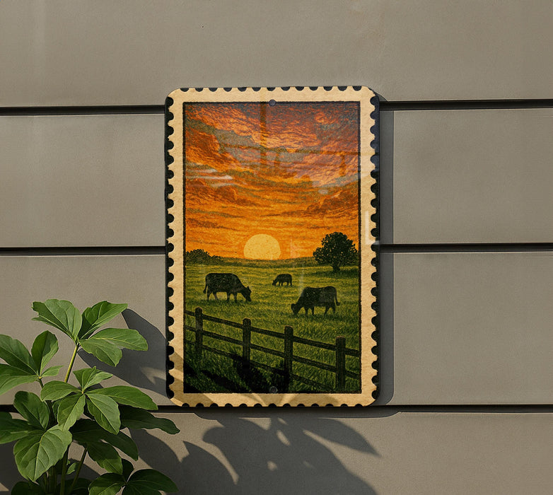 a serene rural scene with a group of cows grazing in a lush green field, framed by a wooden fence and a vibrant sunset sky.