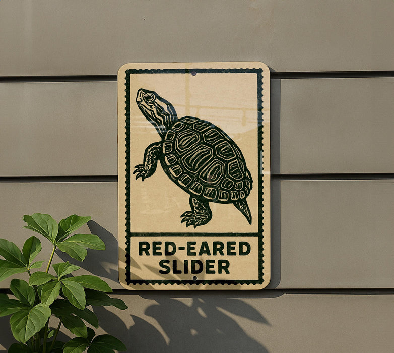 A sign with a turtle illustration and the text "RED-EARED SLIDER" is displayed on a wall next to a plant.