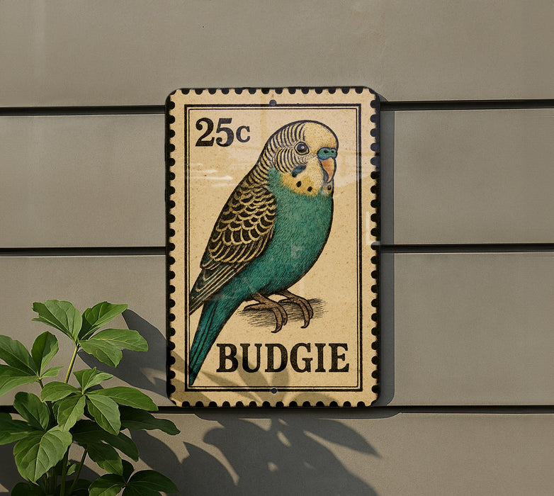 A 25c postage stamp featuring a budgie bird is displayed on a wall, with a plant visible to the left.