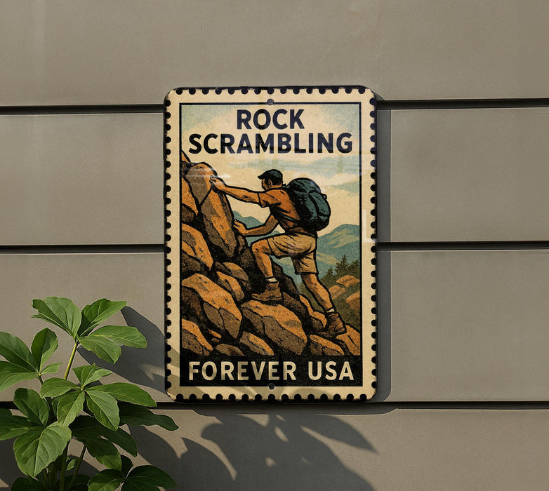 A vintage-style metal sign with a mountain landscape and a person climbing up the rocks, mounted on a wall.