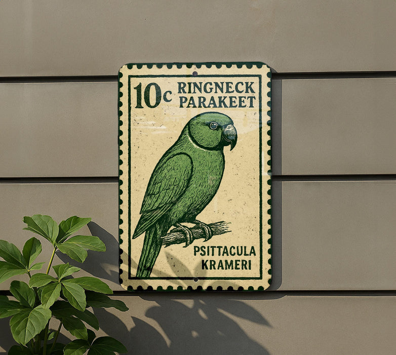 A green parrot is depicted on a sign with the text "10c RINGNECK PARAKEET PSITTACULA KRAMERI"
