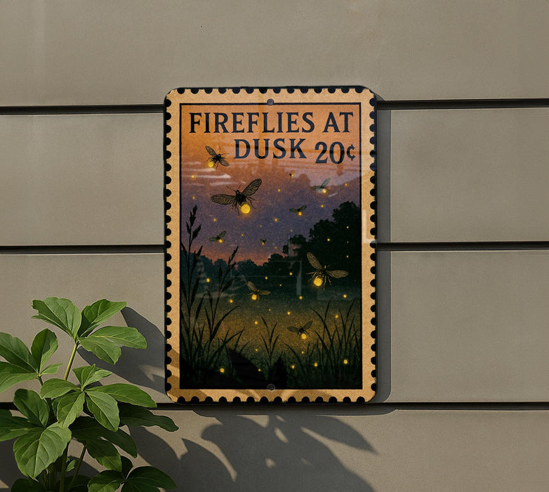 A sign on a wall that reads "FIREFLIES AT Dusk 20¢", depicting a nighttime scene with fireflies glowing in the grass.