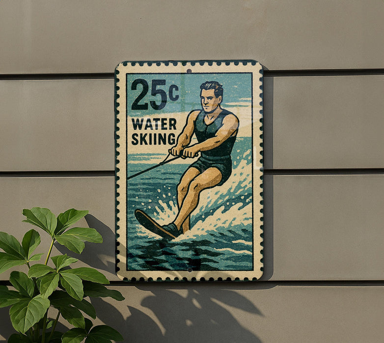 A vintage-style metal sign with a water skiing illustration, mounted on a wall.