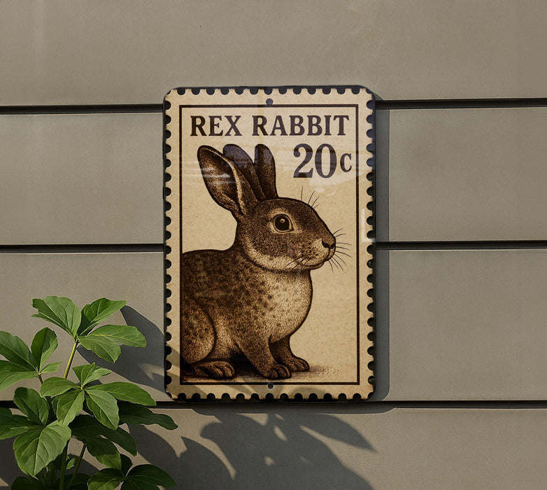 a 20-cent stamp of a rabbit, mounted on a wall next to a plant.