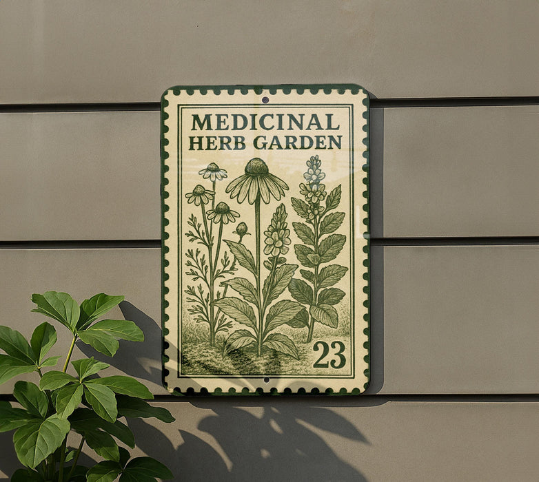 a sign for a medicinal herb garden, with a plant in the foreground.