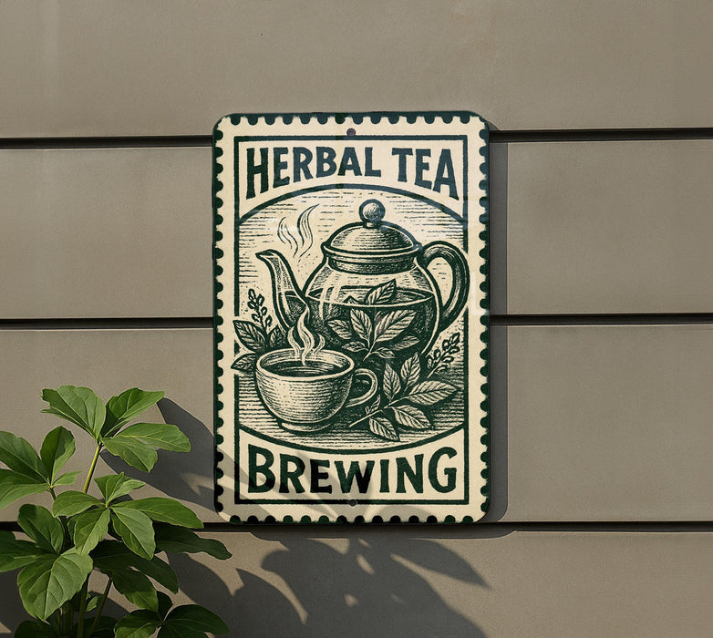 A sign for "Herbal Tea Brewing" is displayed on a wall, featuring an illustration of a teapot and a cup of tea surrounded by leaves.
