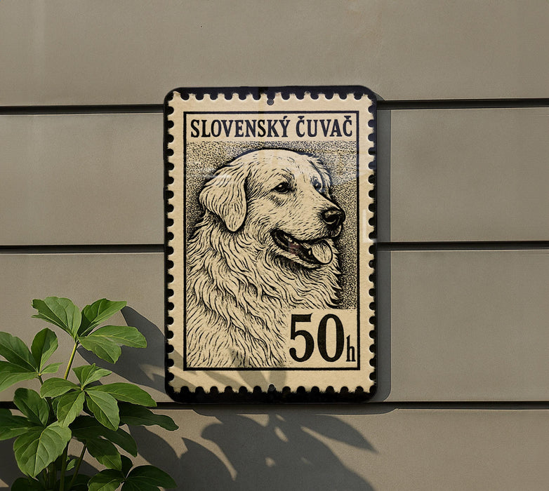 A postage stamp featuring a dog's head on a building wall.