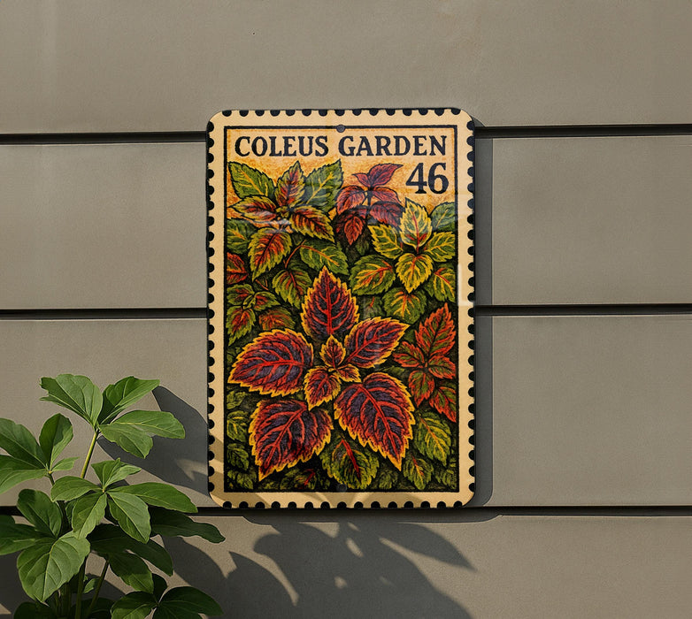 A decorative postage stamp featuring a vibrant plant with large leaves, mounted on a wall next to a potted plant.