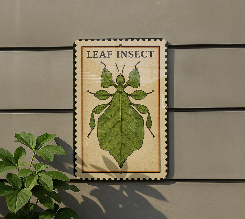 a leaf insect on a sign, which is mounted on a wall.