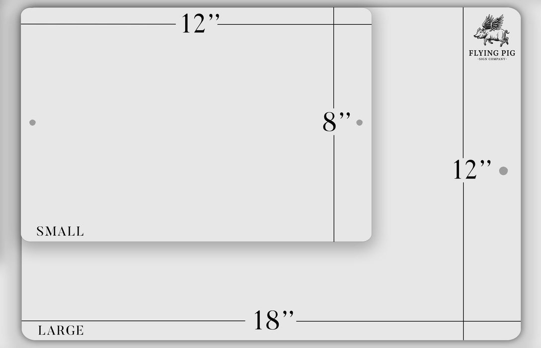 three different sizes of a white rectangular sign, labeled as small, medium, and large.