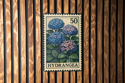 A vintage-style postage stamp from Hydrangea, featuring a floral illustration of blue hydrangea flowers.