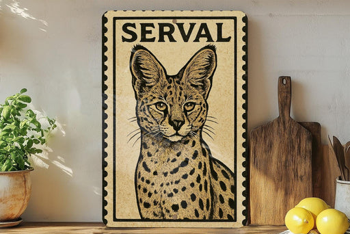 A framed illustration of a serval cat is displayed on a shelf, accompanied by a wooden cutting board, a potted plant, and some lemons.