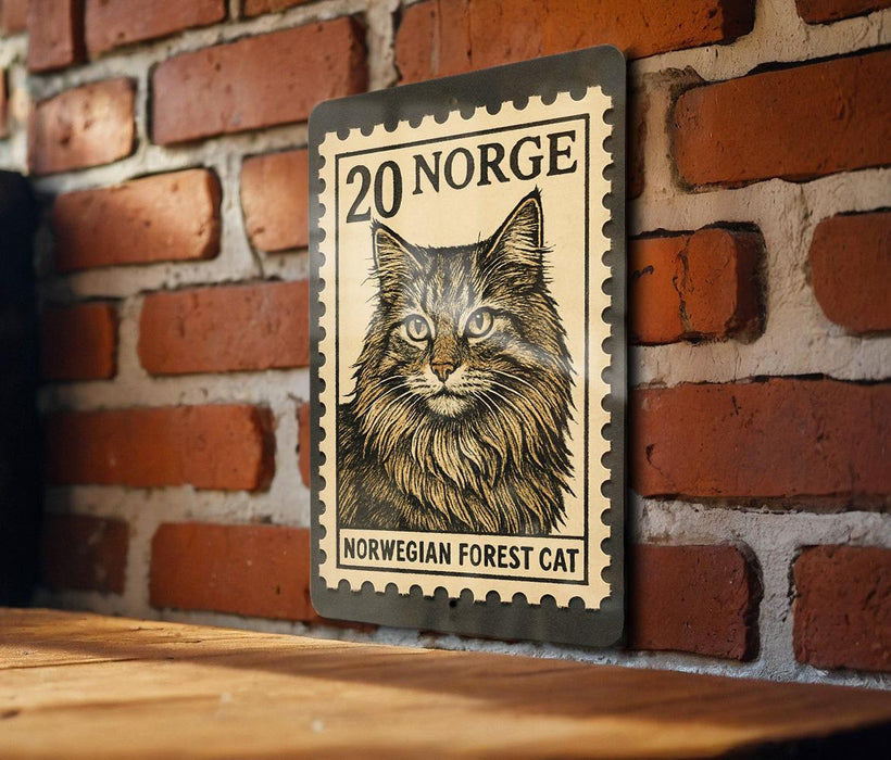 A wooden table with a wooden surface, and a framed image of a Norwegian forest cat on the wall.