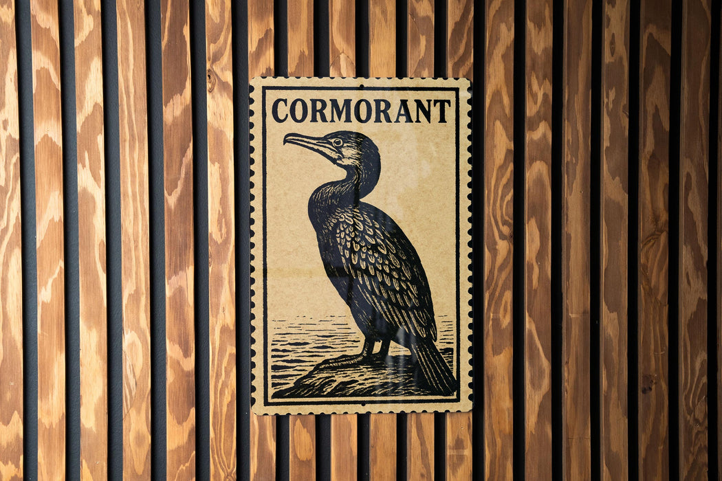 a cormorant bird perched on a rock, depicted in a black and white illustration.