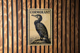 a cormorant bird perched on a rock, depicted in a black and white illustration.