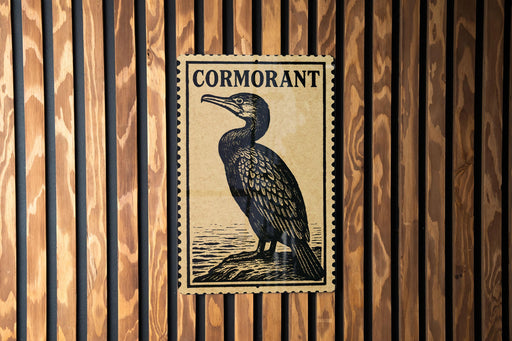 a cormorant bird perched on a rock, depicted in a black and white illustration.