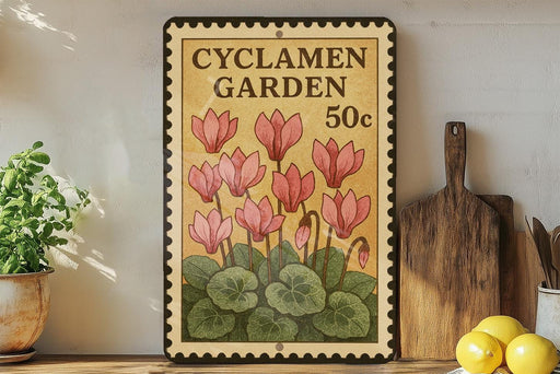 A vintage-style stamp with a floral design and text, placed on a wooden surface next to a potted plant and a wooden cutting board.