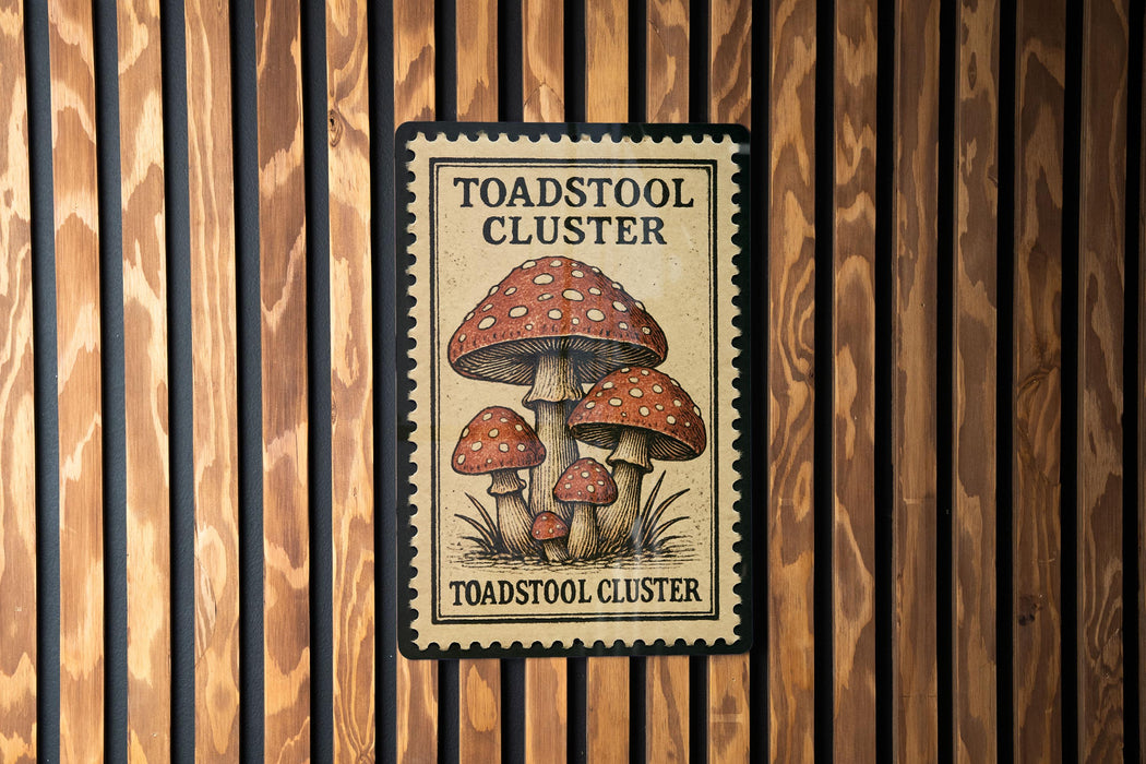 A sign with the text "TOADSTOOL CLUSTER" and an illustration of three mushrooms is displayed on a wooden wall.