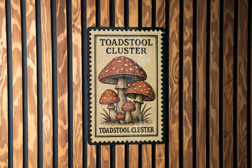 A sign with the text "TOADSTOOL CLUSTER" and an illustration of three mushrooms is displayed on a wooden wall.