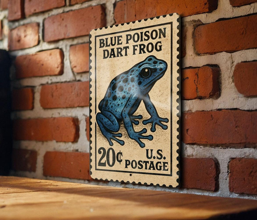 A vintage-style postage stamp featuring a blue poison dart frog, mounted on a brick wall.