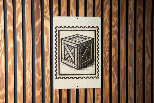 a wooden wall with a sign featuring a wooden crate or box illustration.