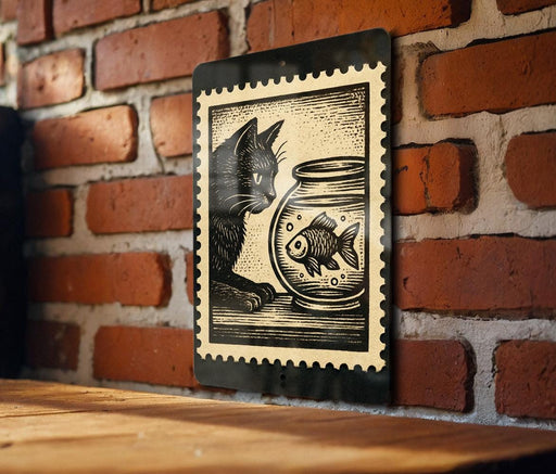 A black and white illustration of a cat sitting on a wooden surface, looking at a fish in a glass bowl.