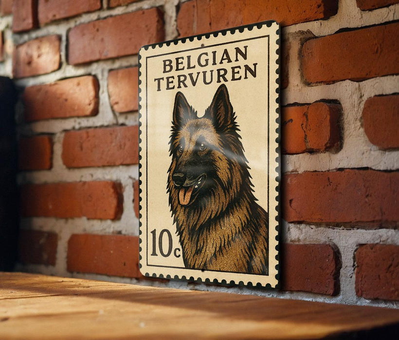 A postage stamp featuring a large illustration of a German shepherd dog, with the text "Belgian Tervureen" printed on it.