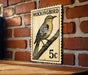 A vintage postage stamp featuring a bird, likely a Mockingbird, is displayed on a brick wall.