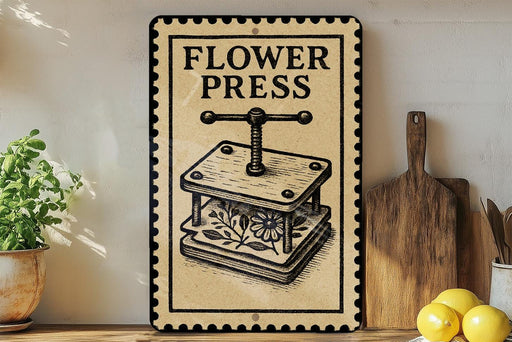 a vintage-style sign for a "flower press" on a wooden shelf, with a potted plant and kitchen utensils visible in the background.