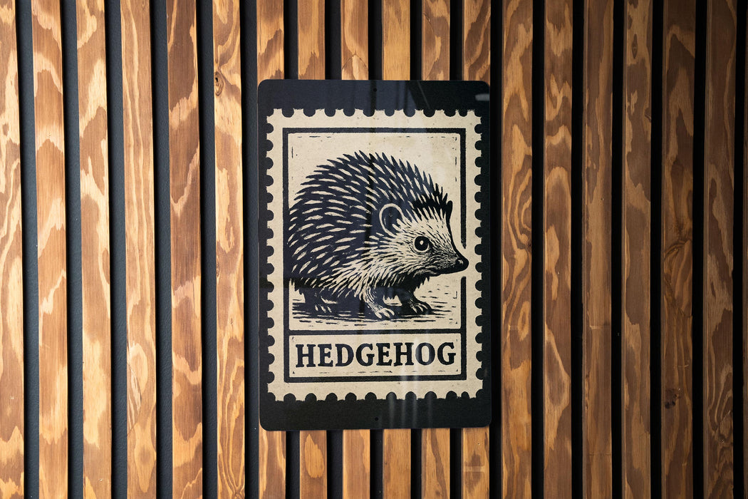 A black and white stamp-like sign with a hedgehog illustration on it, mounted on a wooden wall.