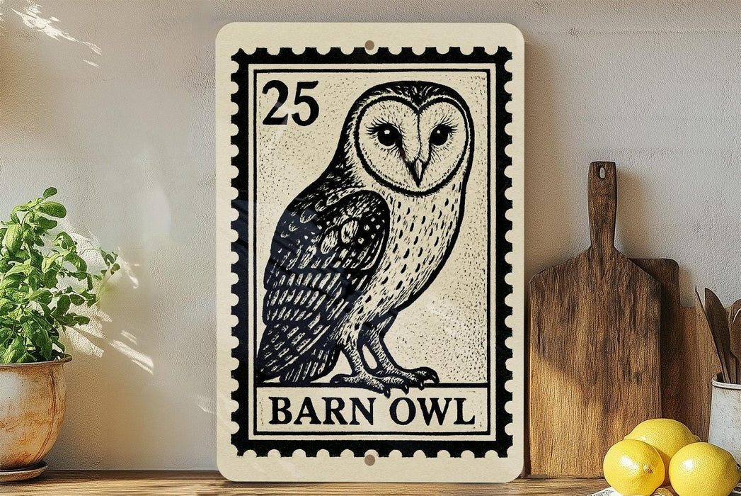 A barn owl illustration on a 25-cent stamp-like frame, placed on a wooden surface next to a wooden cutting board and some lemons.