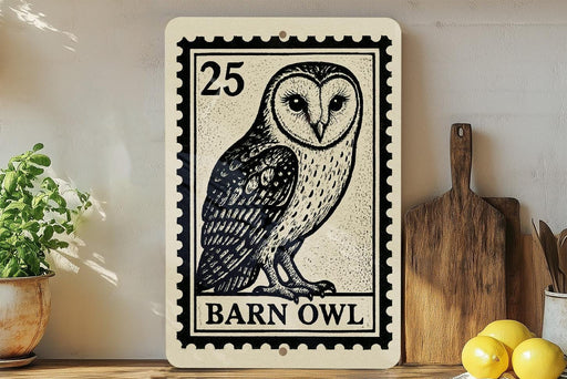 A barn owl illustration on a 25-cent stamp-like frame, placed on a wooden surface next to a wooden cutting board and some lemons.