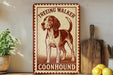 A vintage-style sign featuring a picture of a Coonhound dog, with the text "TREEING WALKER COONHOUND" prominently displayed.