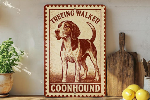 A vintage-style sign featuring a picture of a Coonhound dog, with the text "TREEING WALKER COONHOUND" prominently displayed.