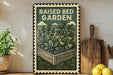 a raised bed garden with a wooden frame, surrounded by potted plants and kitchen utensils.