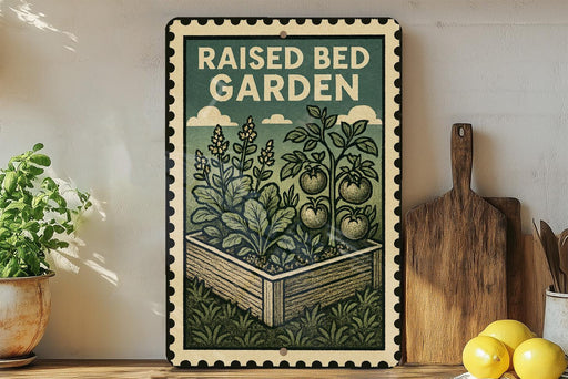 a raised bed garden with a wooden frame, surrounded by potted plants and kitchen utensils.