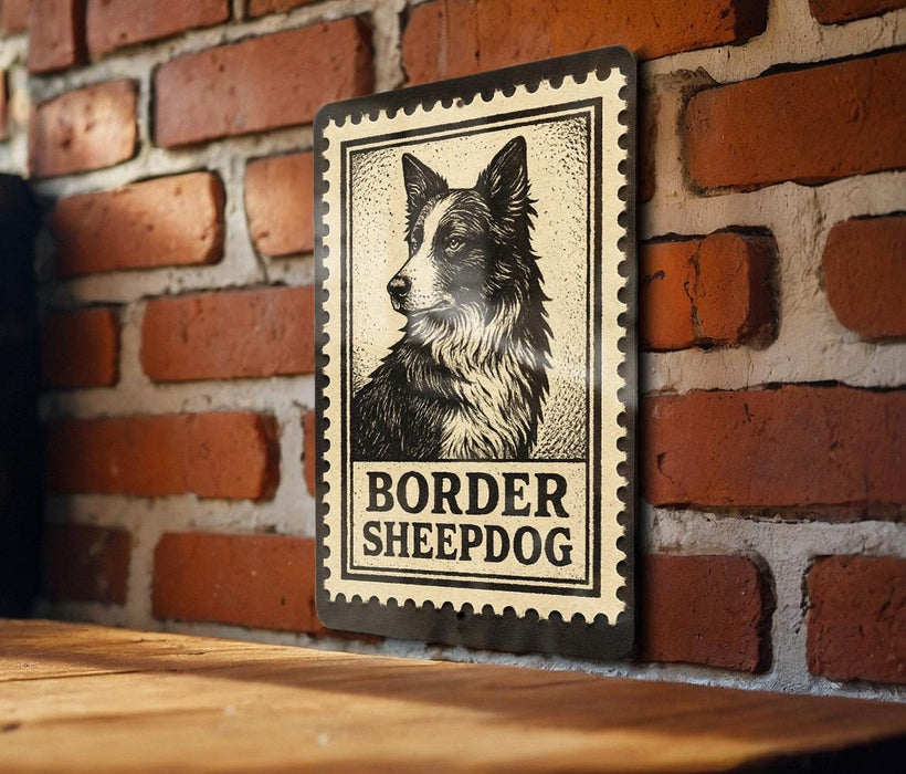 A metal sign featuring a black and white illustration of a Border Sheepad dog is mounted on a brick wall.