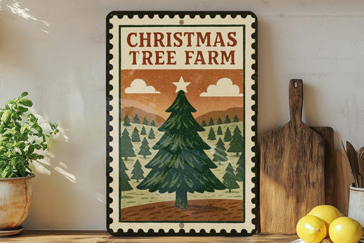 A Christmas tree farm sign with a pine tree and mountains in the background, placed on a wooden shelf next to a wooden cutting board and a potted plant.