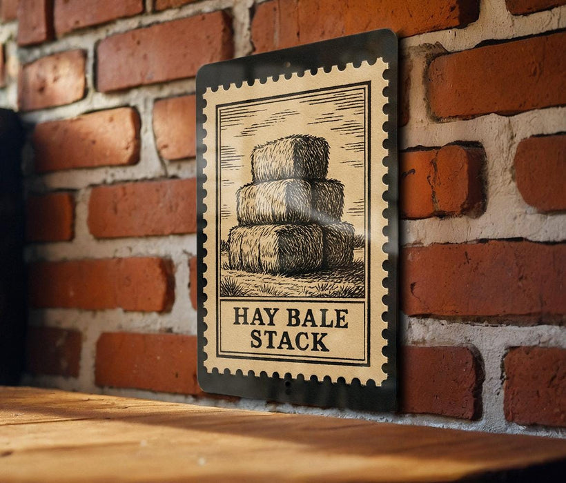 A metal sign with a black and white illustration of hay bales mounted on a brick wall.