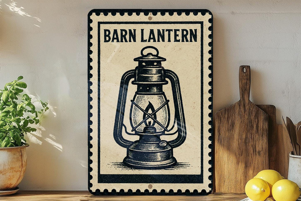 A vintage-style metal sign with the text "Barn Lantern" and an illustration of a lantern is displayed on a wooden shelf, accompanied by a potted plant, a cutting board, and some lemons.