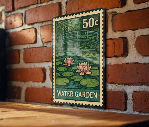 A metal sign with a postage stamp design hangs on a brick wall, depicting a water garden scene with lily pads and a bridge.