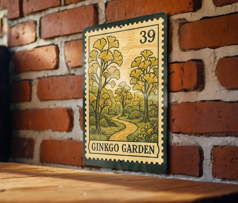 A vintage-style postage stamp featuring a garden scene with yellow flowers and a winding path, mounted on a brick wall.